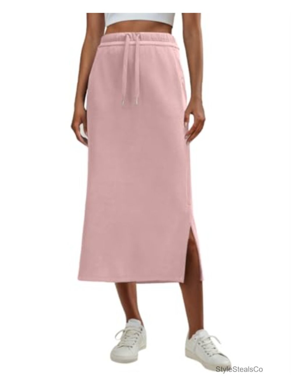 High Waisted Maxi Skirt with Pockets Slit Drawstring Elastic Waist